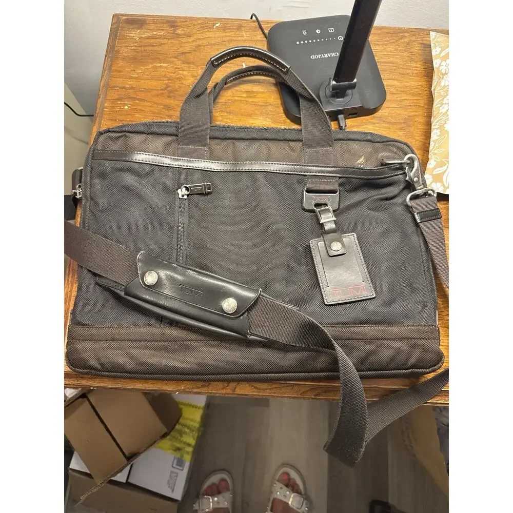 Tumi Black Nylon Briefcase with Leather Trim and Detachable Strap